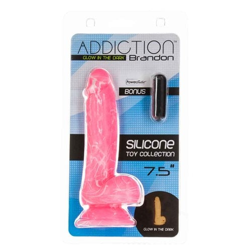 Addiction Brandon 7.5" Glow-in-the-Dark Dildo With Balls - Pink