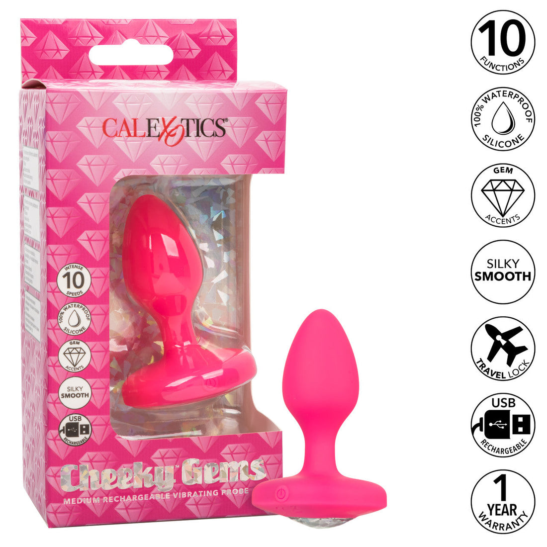 Cheeky Gems Medium Rechargeable Vibrating Probe - Pink