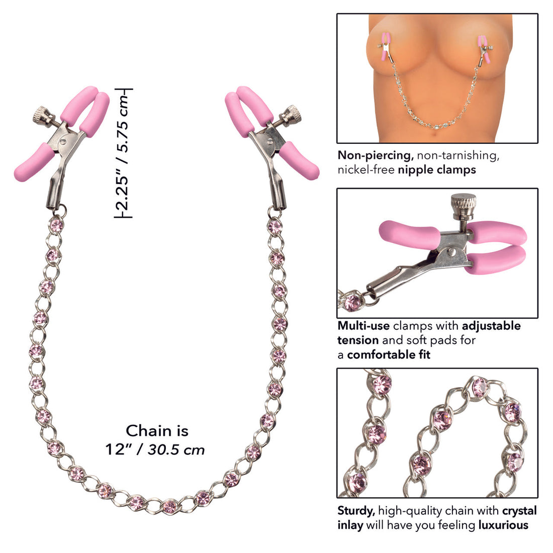 Nipple Play Crystal Chain Nipple Clamps - Pink