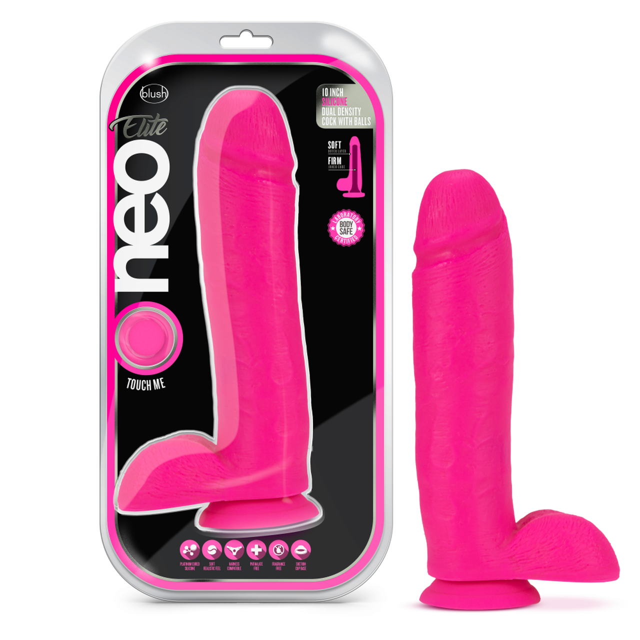 Neo Elite 10 Inch Silicone Dual Density Cock with Balls - Neon Pink