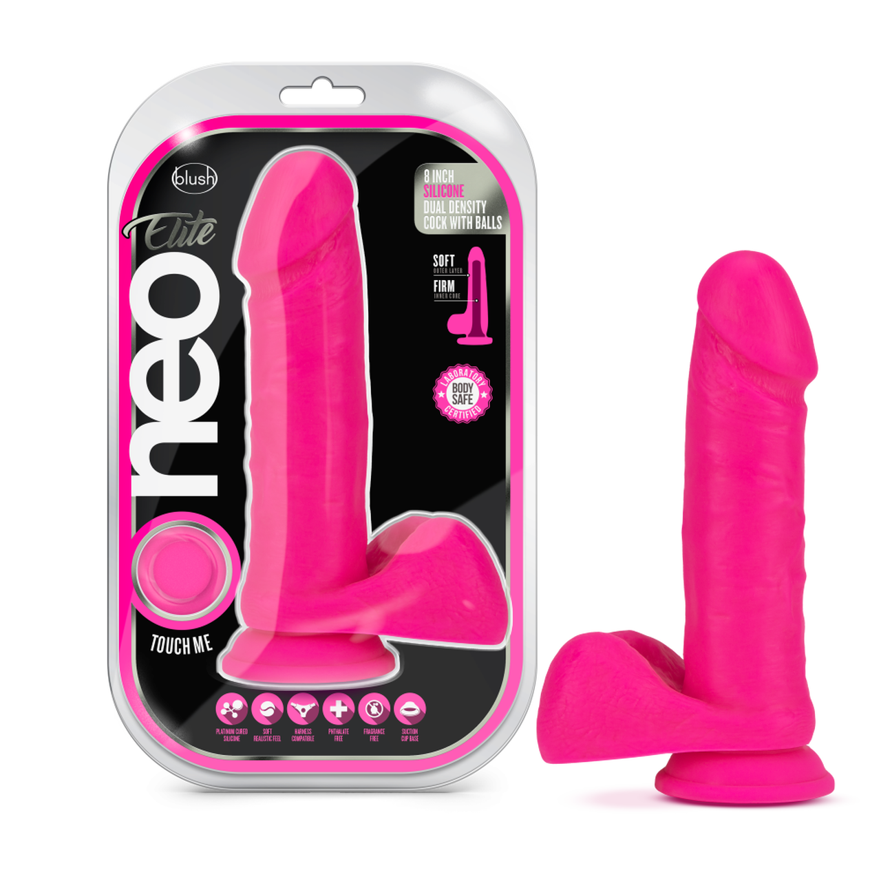 Neo Elite 8 Inch Silicone Dual Density Cock with Balls - Neon Pink