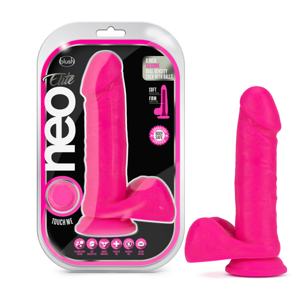 Neo Elite 8 Inch Silicone Dual Density Cock with Balls - Neon Pink