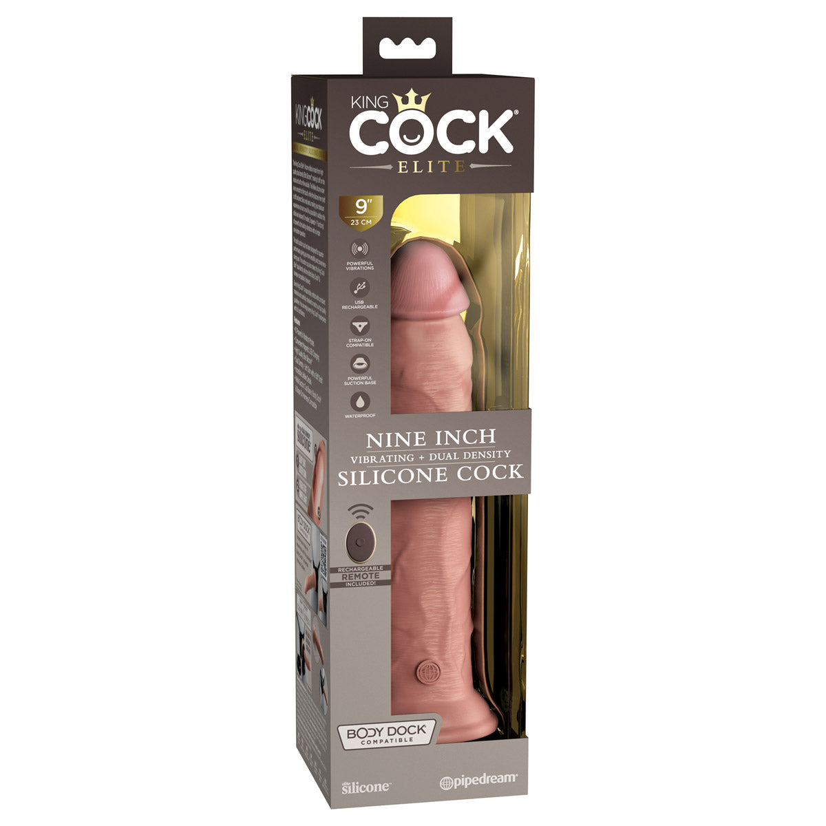 King Cock Elite 9" Dual Density Vibrating Silicone Cock with Remote - Light