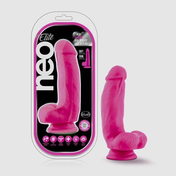 Neo Elite 7' Silicone Dual Density Cock w Balls - Neon Pink
