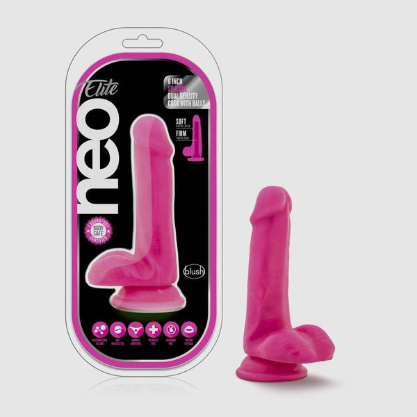 Neo Elite 6 Inch Silicone Dual Density Cock with Balls - Neon Pink